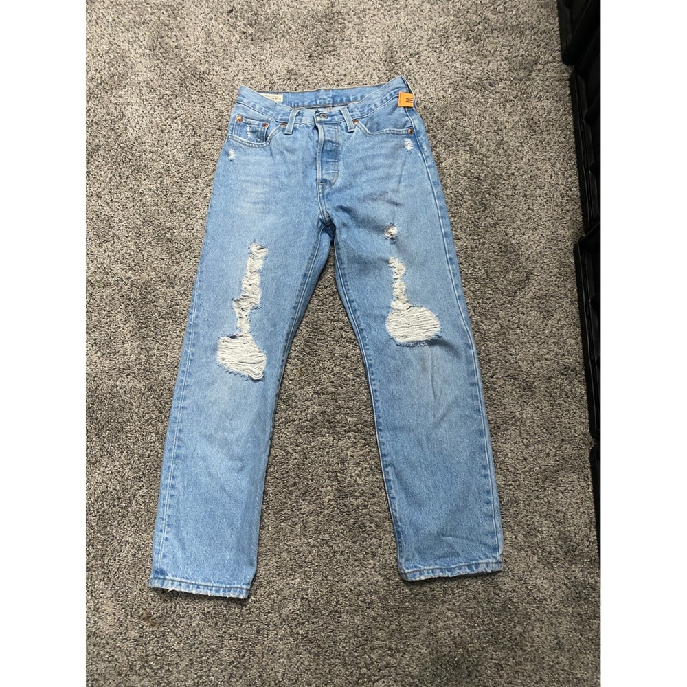 Levi 501 Original Cropped Jeans Distressed Light Wash Blue 25x26 Excellent